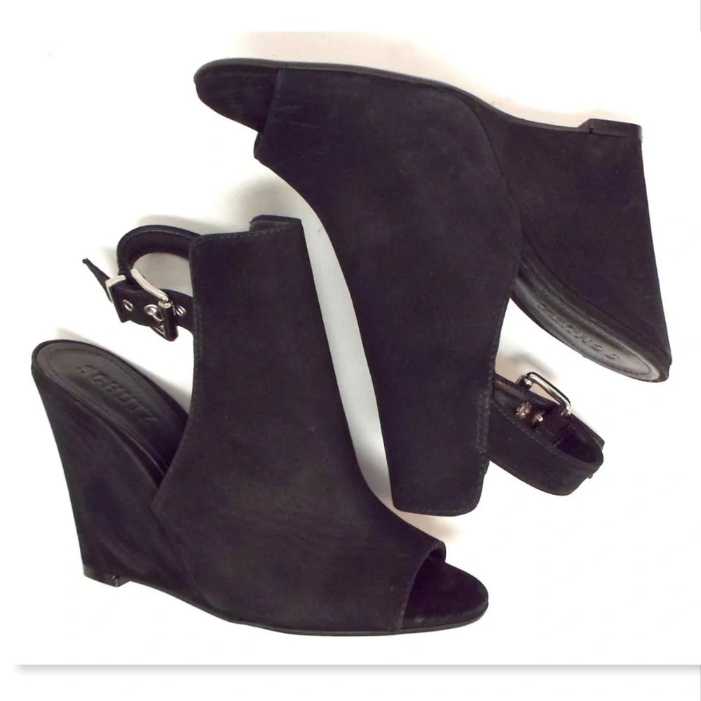 SCHUTZ Black Nubuck Leather Open Toe Buckled Sling Wedge Ankle Bootie Heels 7